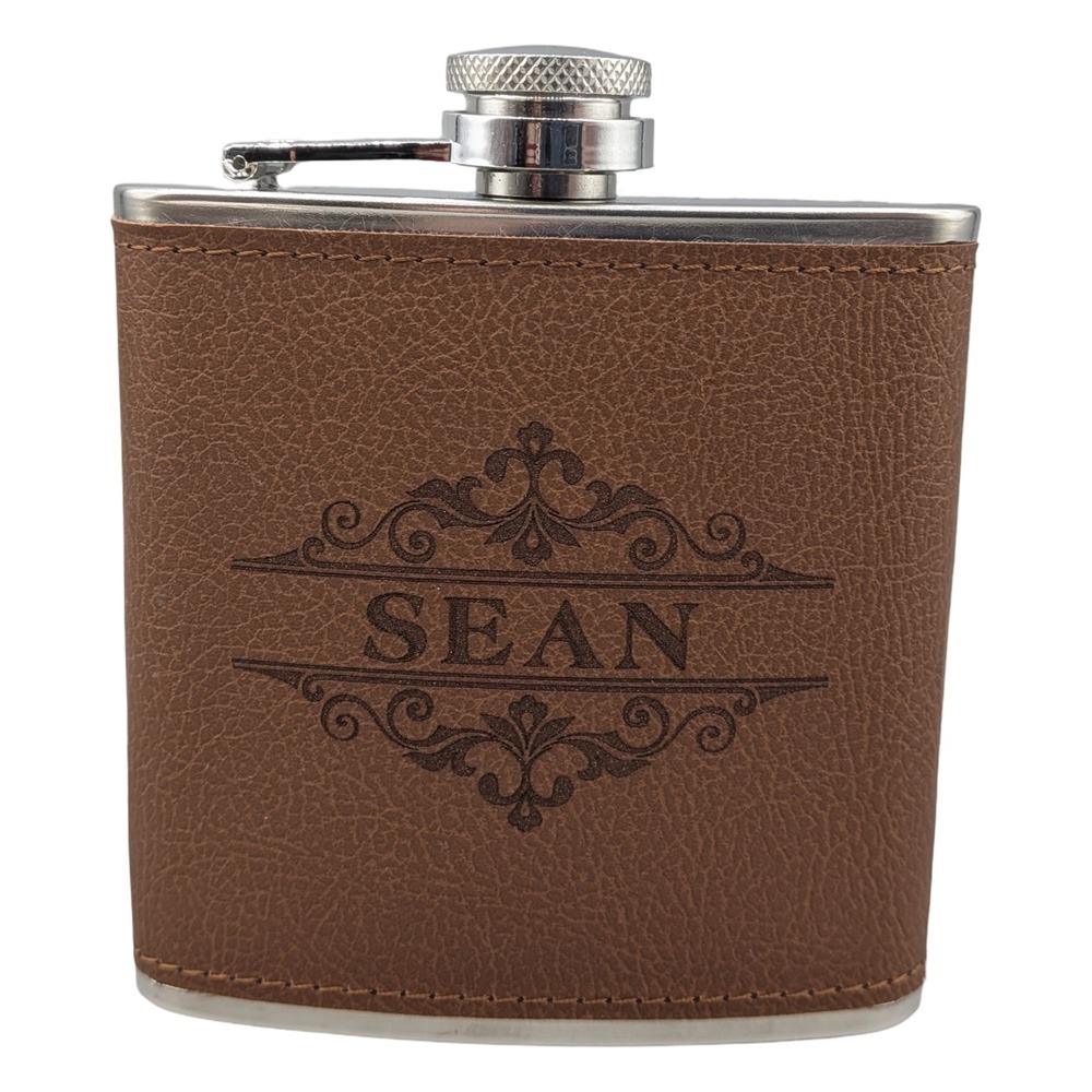Personalized SEAN Hip Flask Brown Faux Leather Stainless Steel 6oz